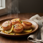 Seared scallops with lemon caper sauce served on a white plate with golden crust